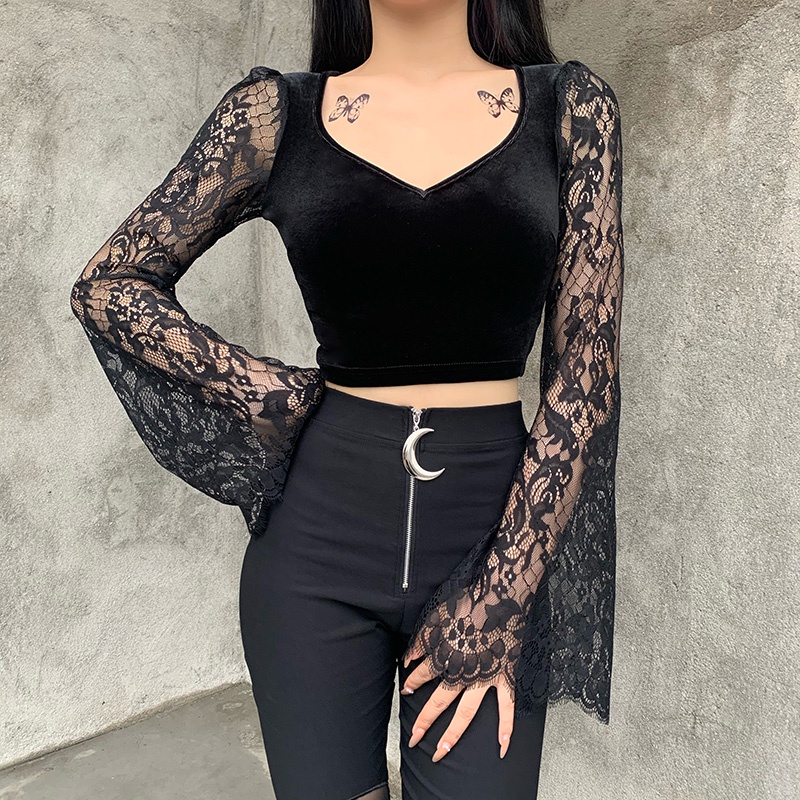 [Goth Story] Sexy Lace Long Sleeve Vneck Velvet  T-shirt Atasan Renda Lengan Panjang 8469 (S/M/L)