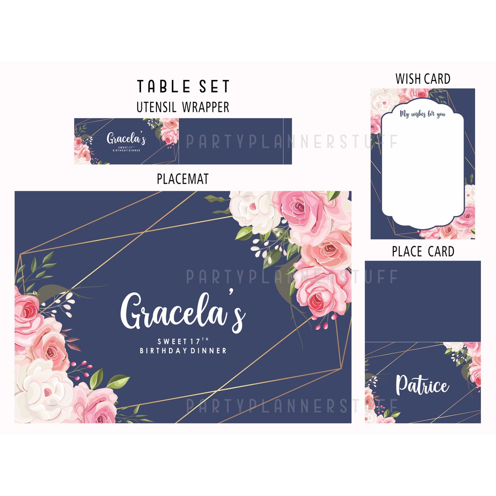 Table setting navy floral birthday party decoration sweet 17th bridal shower baby shower mom to be