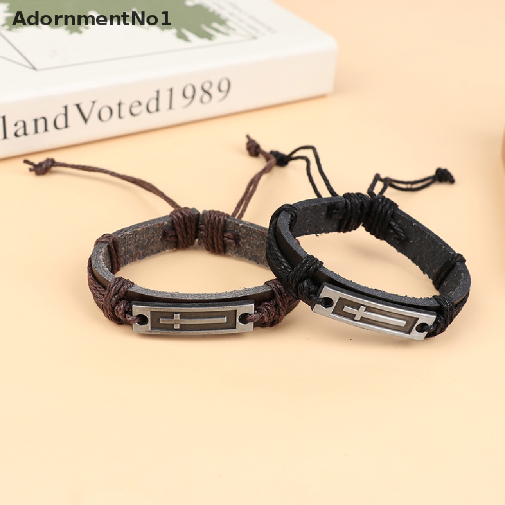 (AdornmentNo1) Gelang Tangan Kulit Motif Salib Yesus Kristen Vintage Untuk Pria / Wanita