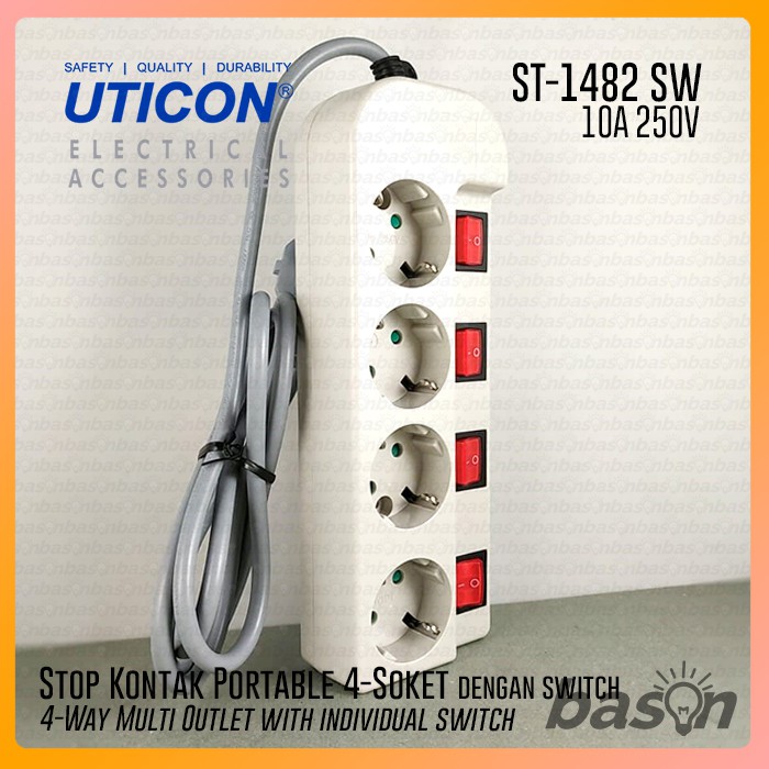 UTICON ST1482SW Power Extension - Stop Kontak 4Lubang 1.5Meter Arde dengan individual switch