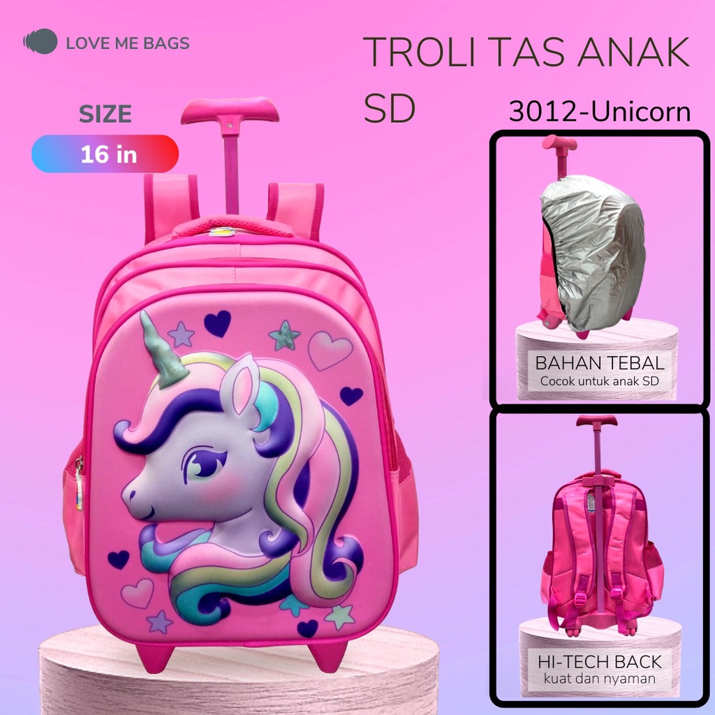 LMB Tas Troli Anak Perempuan SD Gambar Karakter Kuda Poni Unicorn Timbul 6D Import Bahan Nilon Premium