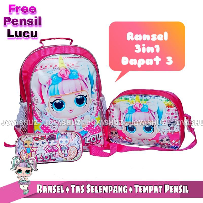 Tas LOL Anak SD / Tas LOL Kepala Timbul / Tas Ransel 3in1 LOL Murah / Tas LOL Triple Set