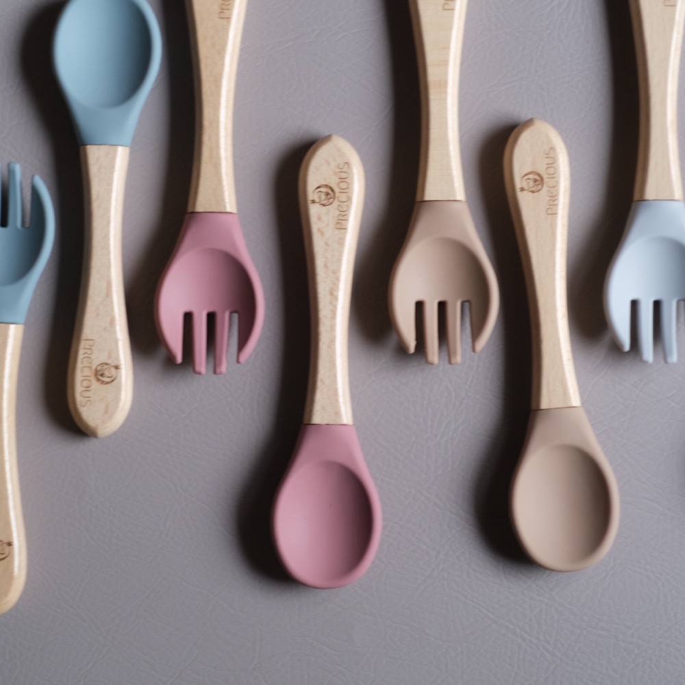 Precious Premium Sendok Makan Silicone | Sendok Garpu Kayu dan Silikon | Silicone Wood Spoon Fork