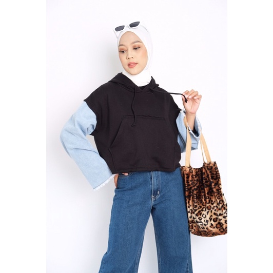 H&R-HOODIE DENIM CROP/ CROP HOODIE /DENIM HOODIE