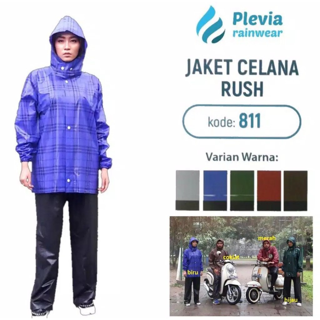 Jas Hujan Stelan Jaket Celana PLEVIA RUSH 811 Motif Kotak Kotak