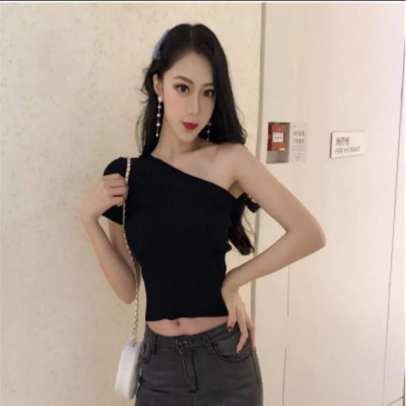 inma Fashion One shoulder crop kaos sexy - Kaos model Korea