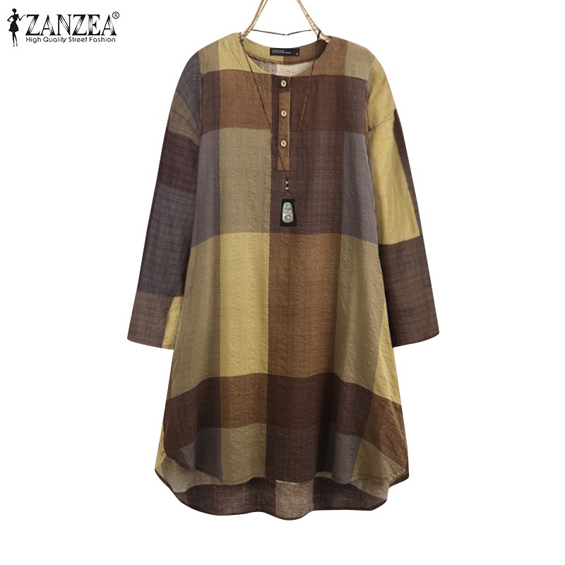 ZANZEA Women Long Sleeve O-Neck Buttons Front Plaid Printing Loose Midi Dress