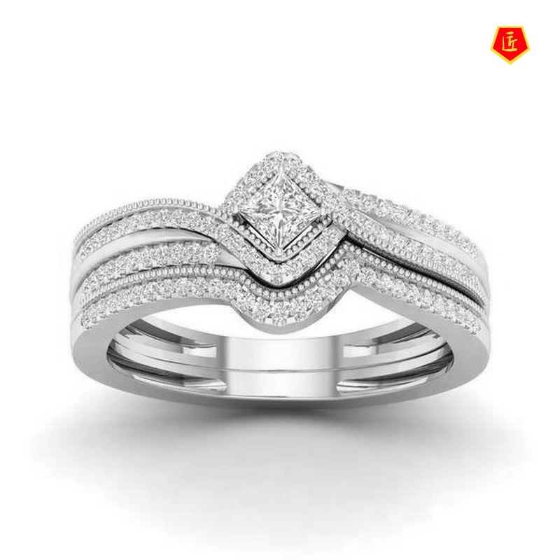 [Ready Stock]Luxury Micro-Inlaid Square Diamond Ring Set