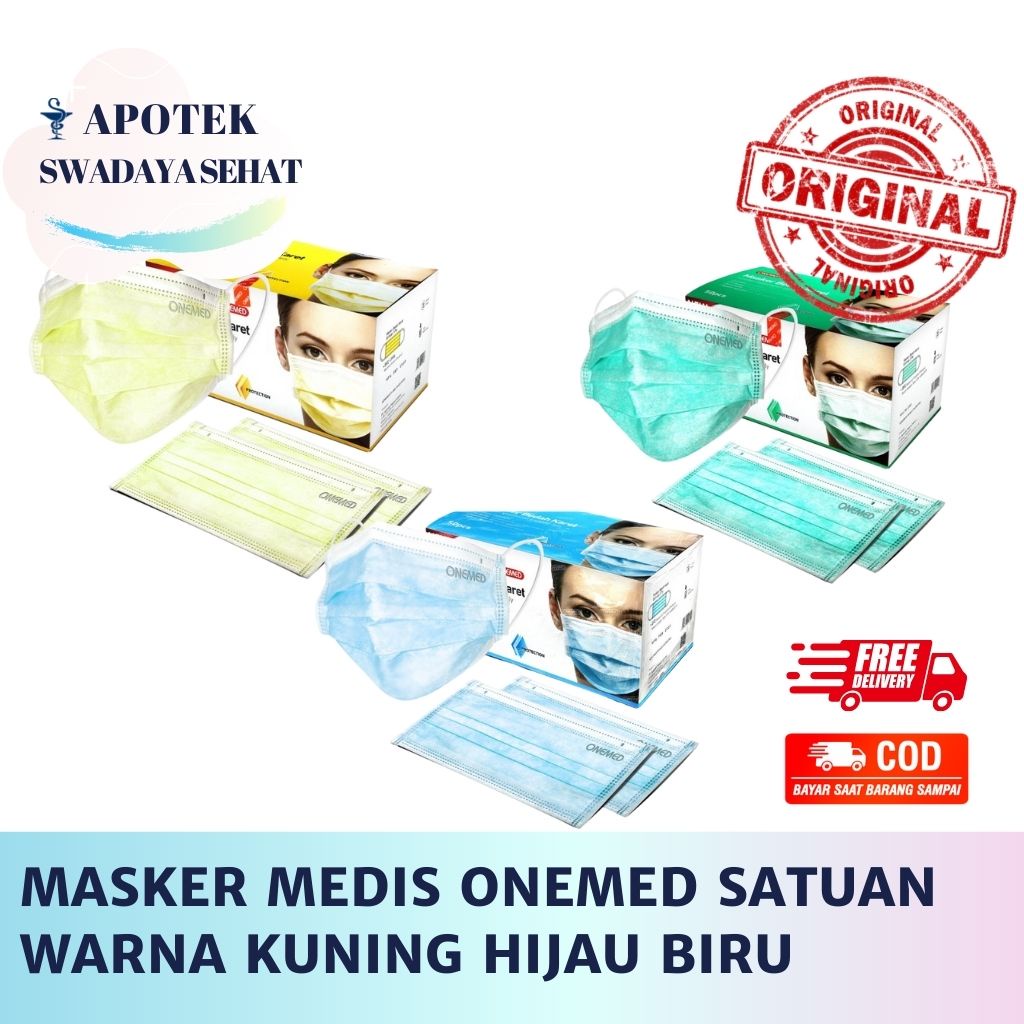 MASKER ONEMED Medis 3Ply Bedah - Warna Kuning Hijau Biru Muda 3 Lapisan Earloop SATUAN