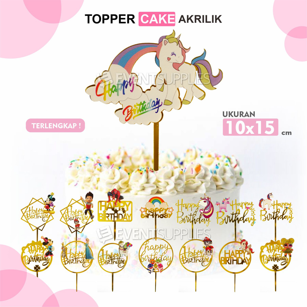 Topper Cake Kue/Roti/Ulang Tahun Akrilik Topping Hiasan Happy Birtdhay Kuda Pony Spiderman LOL dll