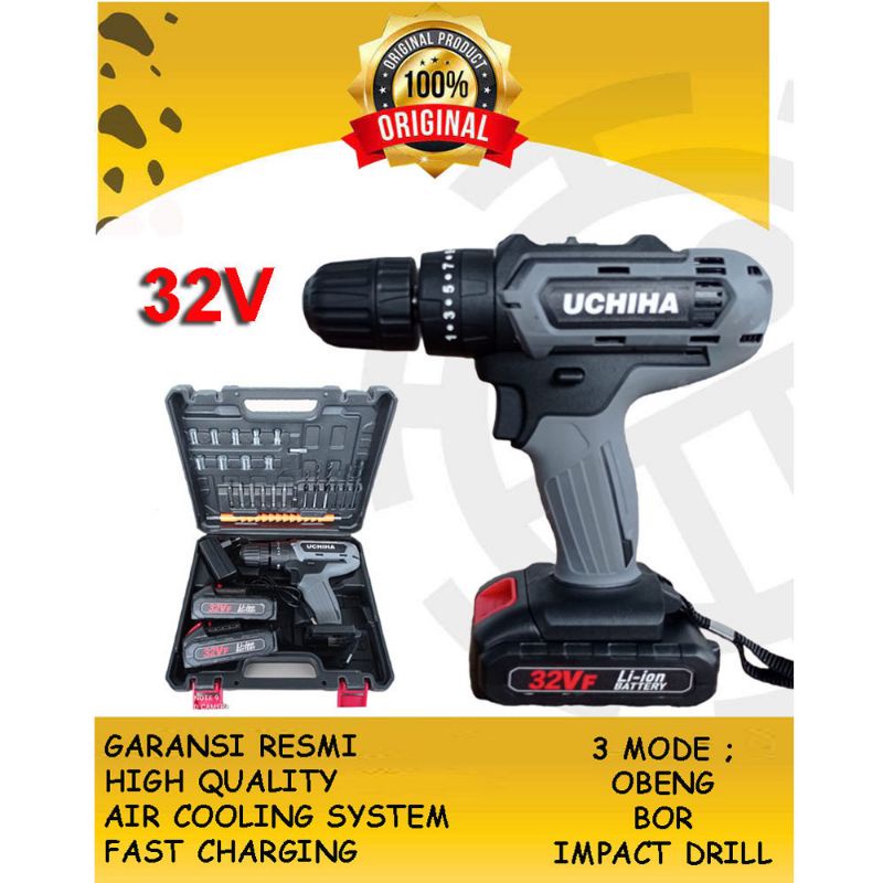 Promo Bor Battery Uchiha 32Vf 10mm Impact Dril Fullset Koper Untuk Beton, Kayu dan Besi. Original