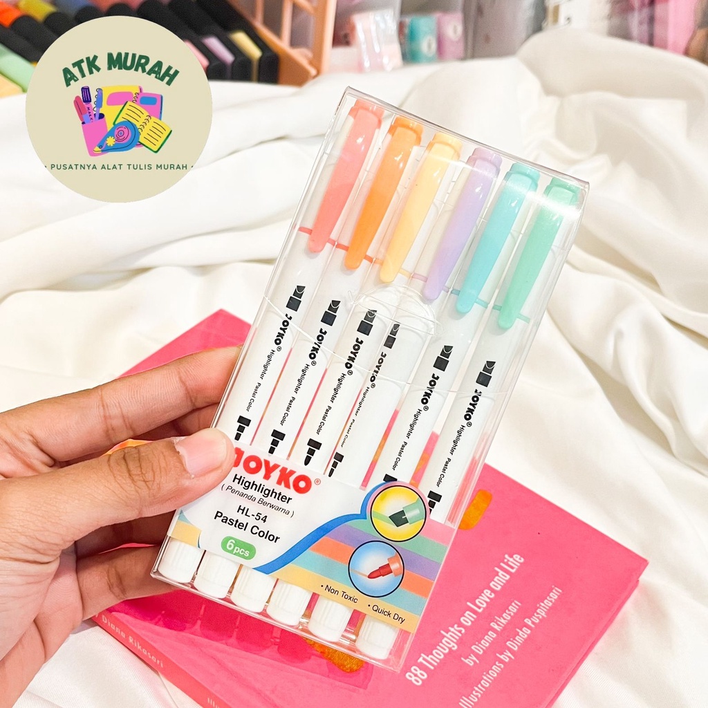 

Joyko Highlighter Pastel set isi 6 pcs HL54 warna warni colorful tosca baby blue pink yellow orange peach penanda tulisan Spidol