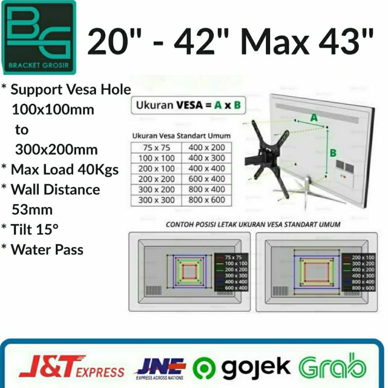 bracket tv gantung dinding 20-42&quot; up to 43&quot; import _fb03