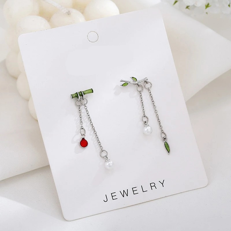 [Korean Vintage Asymmetric Bamboo Leaves Pearl Earrings ] [Women Bridal Wedding Drop Earrings] [Ladies Elegant Long Dangle Earrings]