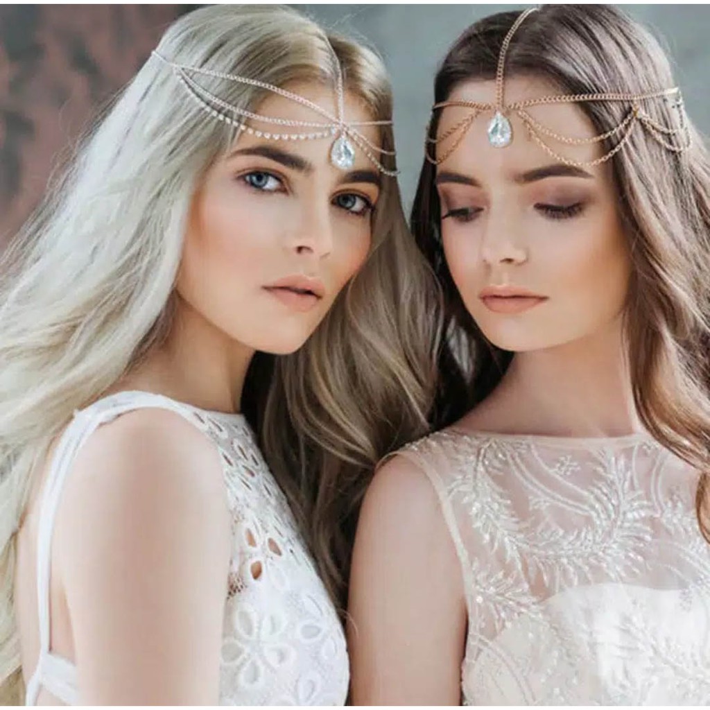 Boho Silver &amp; Gold Kristal Rantai - Headpiece Mahkota kepala / Rambut Pengantin