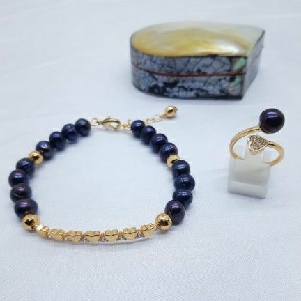 SET GELANG CINCIN MUTIARA AIR TAWAR LOMBOK WARNA HITAM