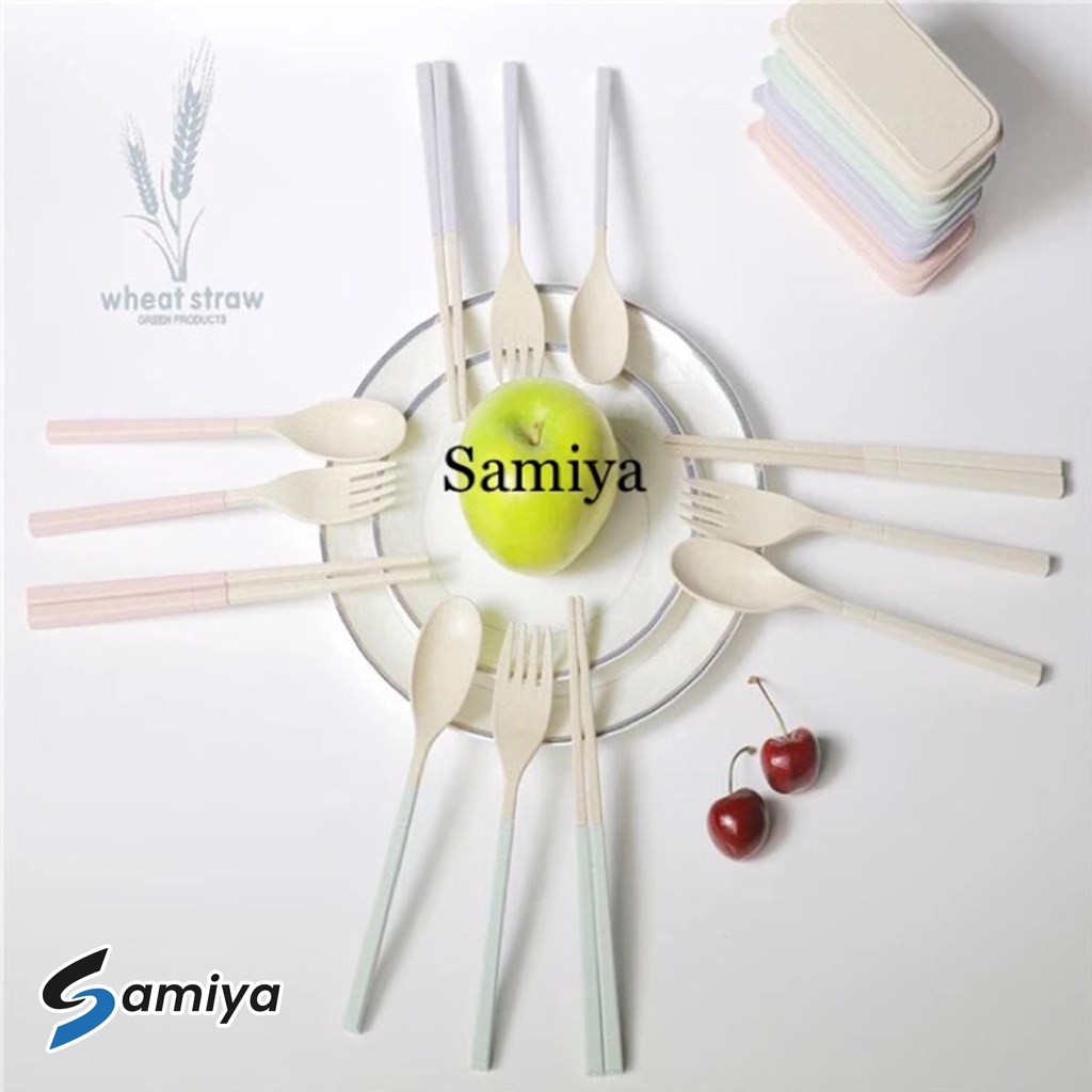 Wheat straw cutlery set / alat makan portable set / sendok garpu sumpit gandum wheatstraw