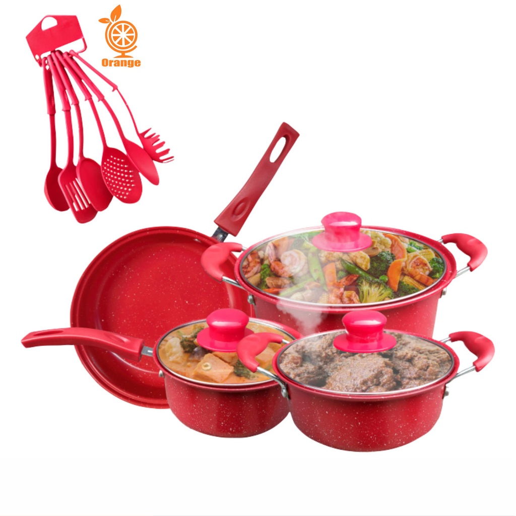 Panci Set Teflon Panci Set Warna Cookware Set Frypan Saucepan Milkpot Free Spatula 6Pcs TG-2 -Panci Set