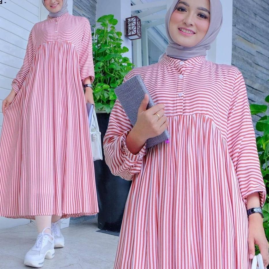 Siap Kirim Tunik Salur Jumbo XL, XXL, XXXL Katun Viscose Jawani Midi Dress Gamis Terbaru 2021 Casual