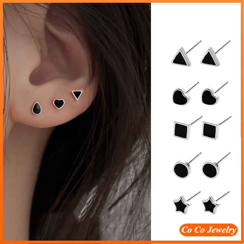 S925 Black Geometric Earrings Women's Sterling Silver Love Simple and Compact Cold Style Temperament Fashion Accessories Jewelry Gifts