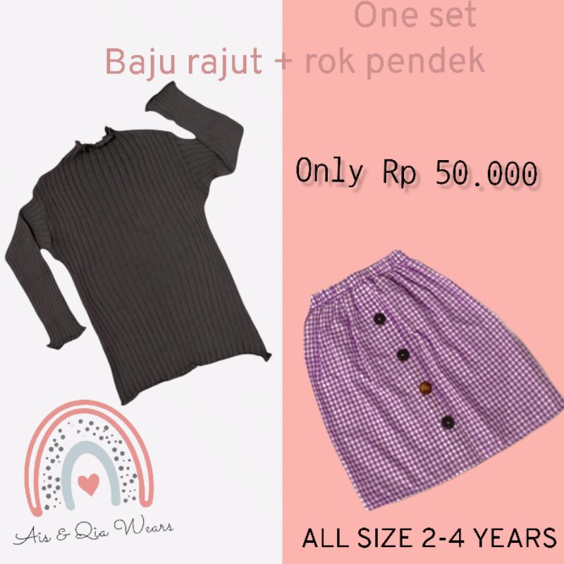 One set Kaos Rib/rajut anak rok pendek motif kotak