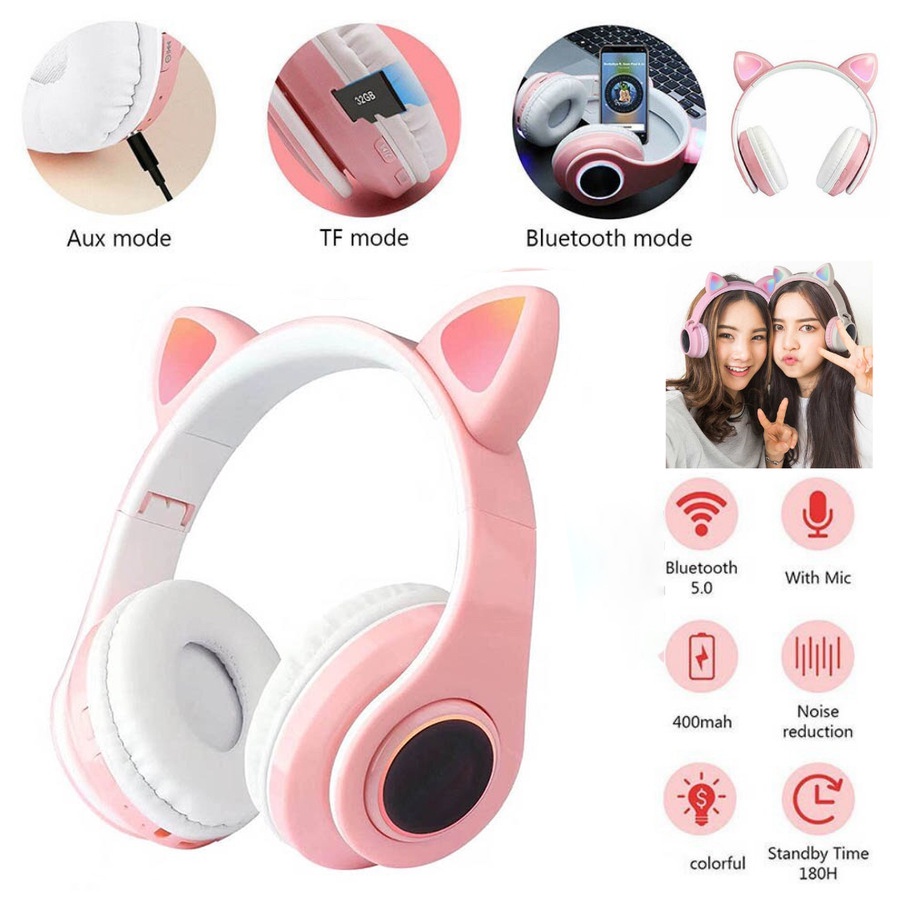 Cute Cat Ear Bluetooth Headset Headphone Telinga Kucing Pink