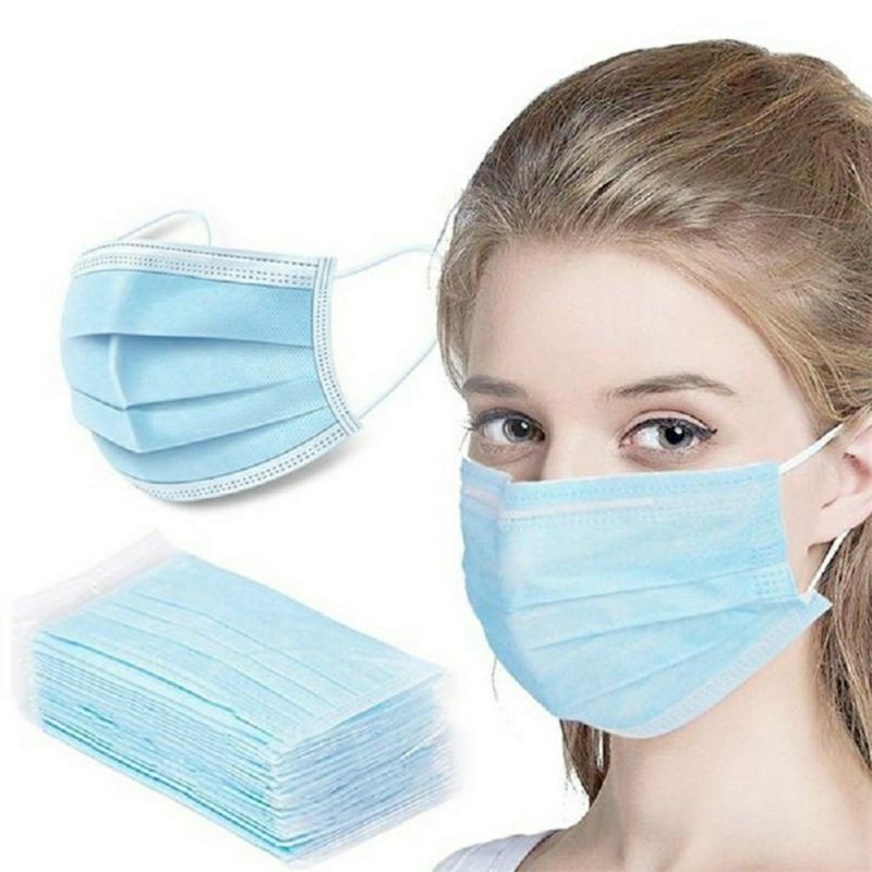 Masker 3 Ply Biru Earloop Non Hijab Face Mask 1 Box isi 50