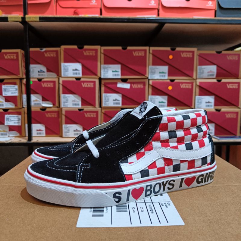 VANS SK8 MID I HEART CHECKERBOARD RED BLACK ORIGINAL RESMI NAVYA