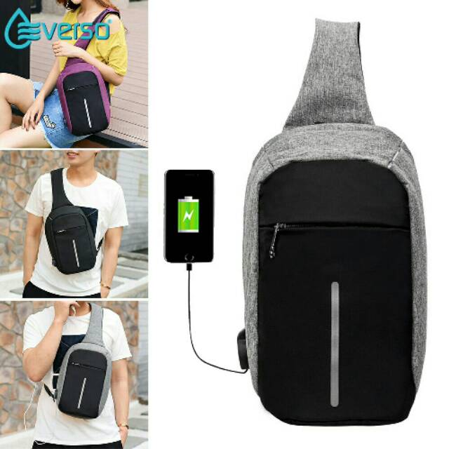READY STOCK tas slempang anti maling USB charger hitam abu cowo cewe / waist bag Usb