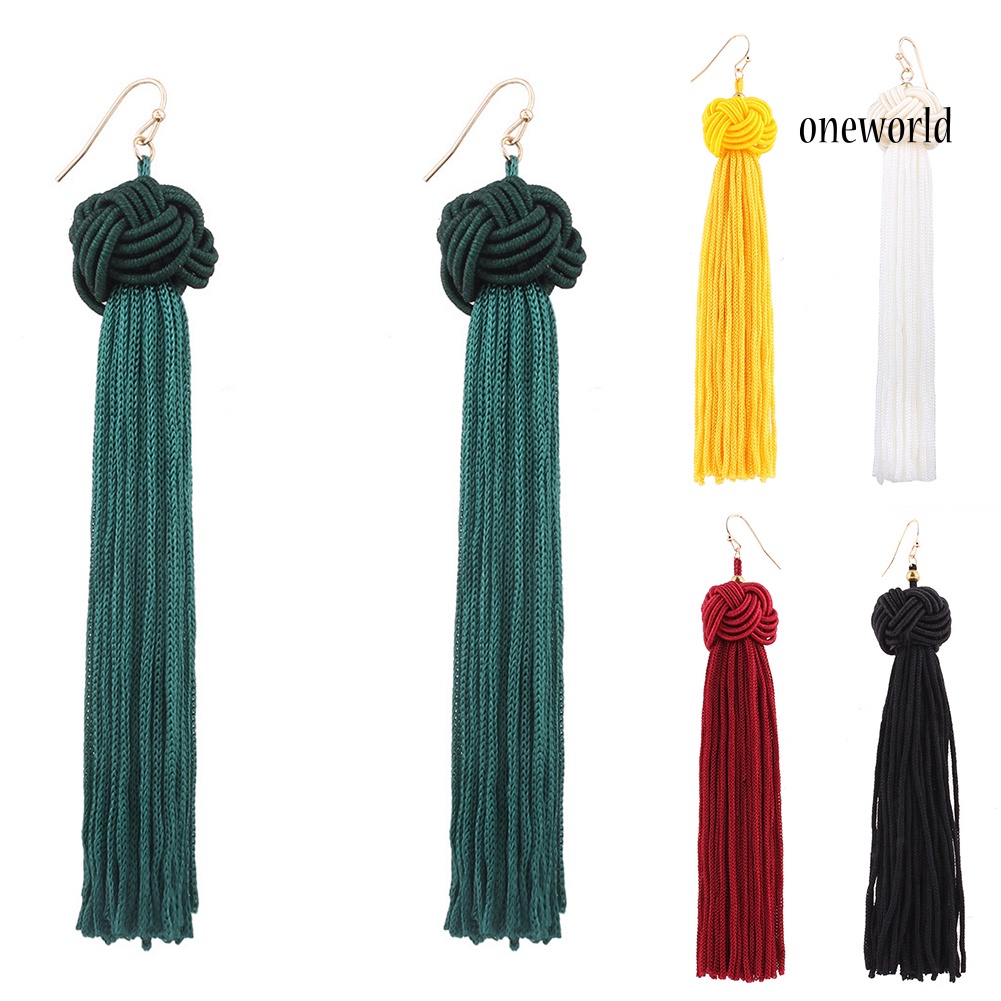 OW@ Bohemian Women Woven Knot Long Tassel Dangle Hook Earrings Statement Jewelry