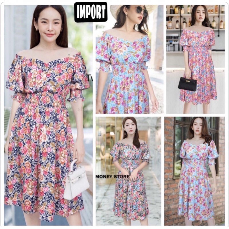 GDG FASHION PAKAIAN PEREMPUAN DRESS SMOKE KERUT SABRINA MOTIF FLOWER BUNGA BESAR IMPORT WANITA L773