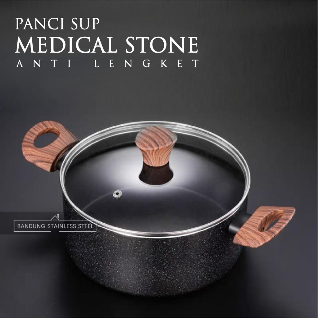 PANCI SUP SOUP MEDICAL STONE 22CM 24CM ANTI LENGKET TEBAL HITAM HIJAU NON-STICK TUTUP KACA