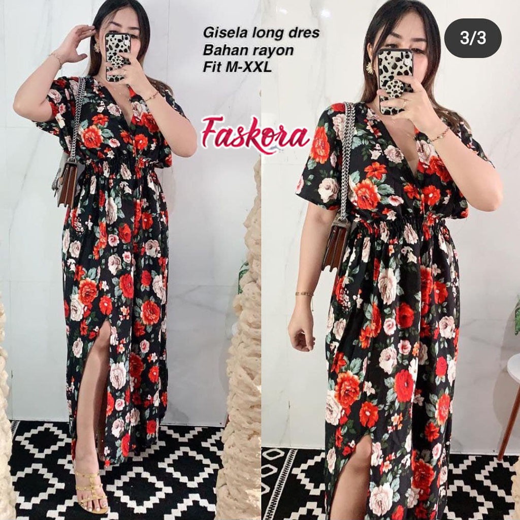 Dress Gisel Gisela Panjang Korea Jumbo Belah Samping Casual