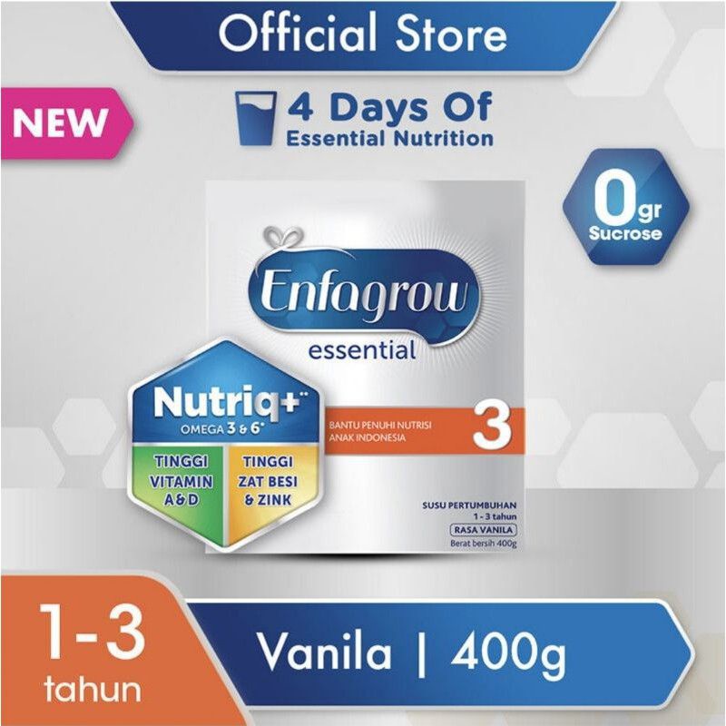 Enfagrow Essential 3+ New Susu Vanila Box 400gr / Rasa Vanila Madu/ Omega 3 dan 6 Pertumbuhan Balita