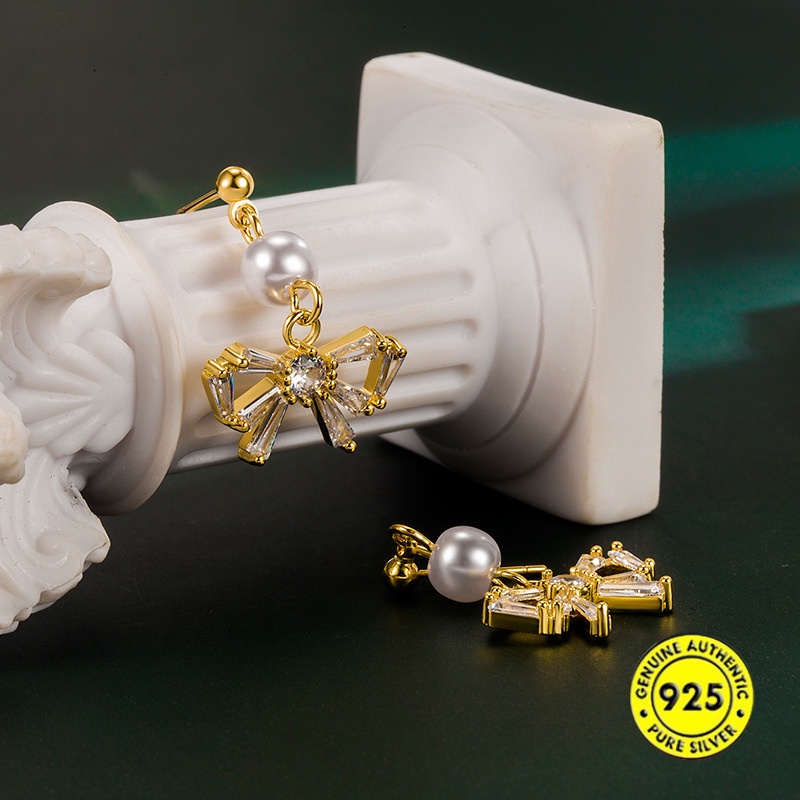 Anting Tusuk Sterling Silver 925 Model Pita Dengan Mutiara Untuk Wanita