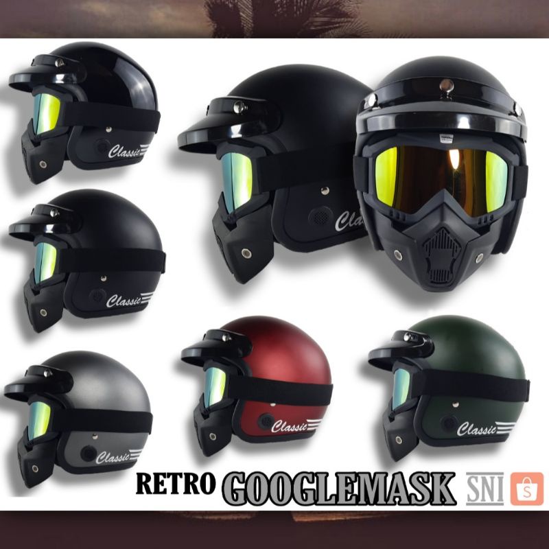 HELM BOGO GARIS POLOS PAKAI GOOGLEMASK