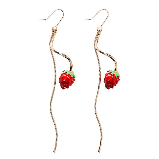 LRC Anting Gantung Fashion Gold Wavy Lines Fringed Small Strawberry Earrings D42769