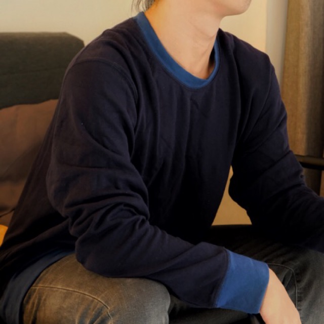 UNIQLO Kaos Polos Lengan Panjang Sweater Pria Original Long Sleeve Lengan Panjang Biru Navy