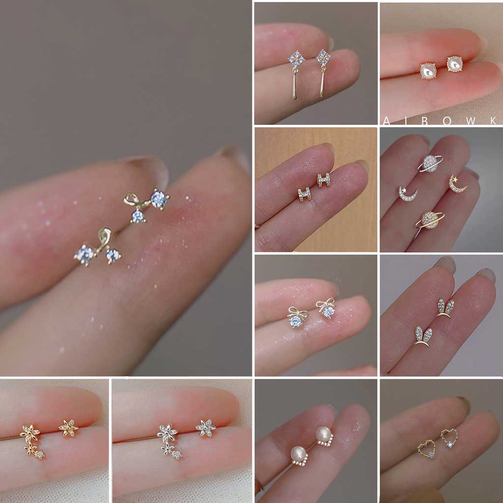 Anting Stud Kristal Berlian Mutiara Bahan Baja Titanium S925 Warna Emas Gaya Korea Untuk Wanita