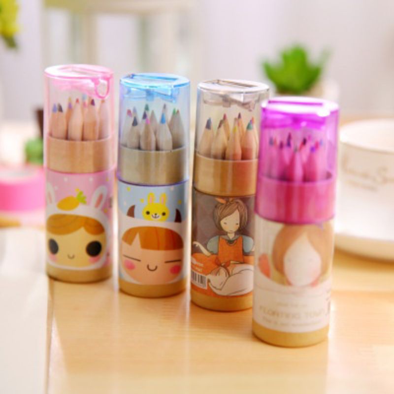 

[ READY ] pensil warna dan peraut pensil warna 12 set pensil warna warni korea