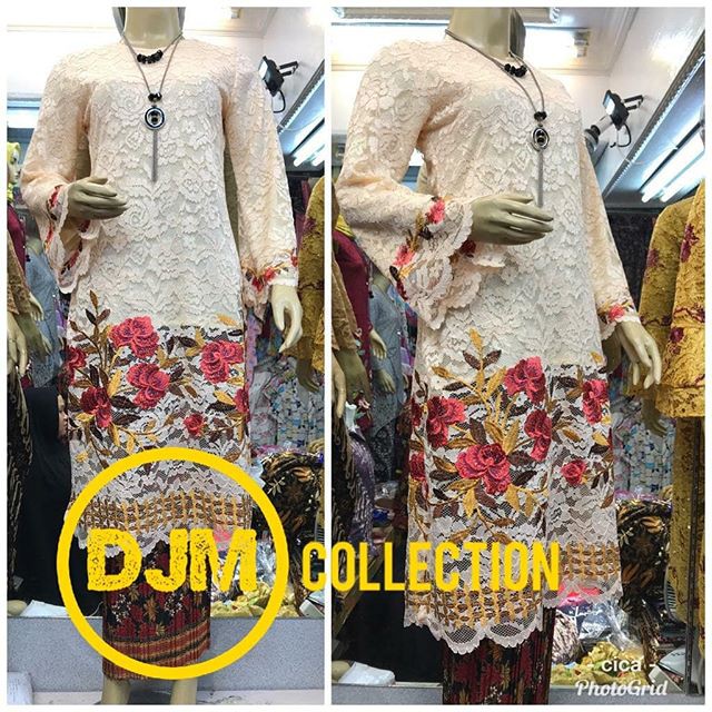 Setelan Kebaya Brukat Tunik Bordir Cream Mix Plisket / Kebaya Modern