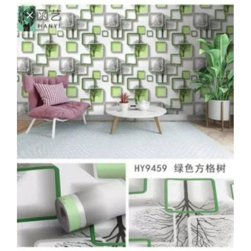 wallpaper dinding motif kotak 3D hijau