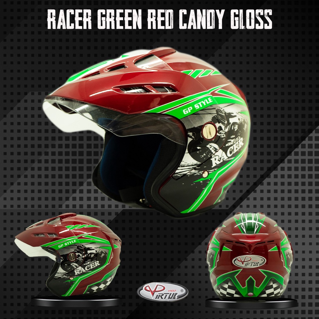 VIRTUE Helm Motor SNI Half Face Racer Green Red Candy Gloss