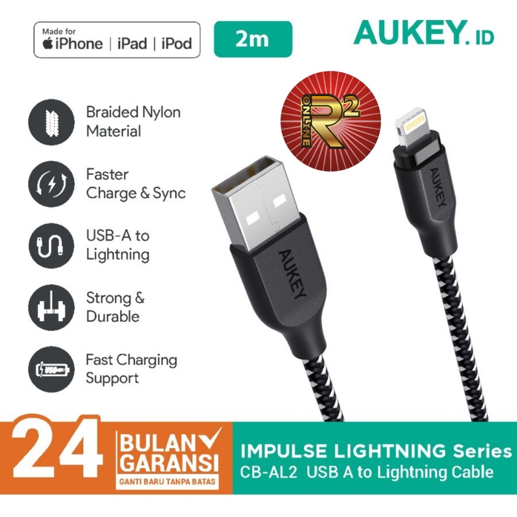 Aukey Cable CB-AL2 2.0M Lightning Braided MFi Iphone Original Garansi Resmi Aukey