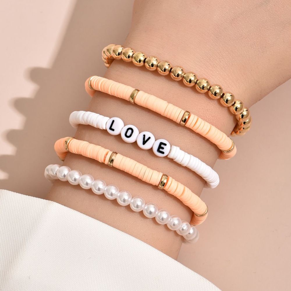 Needway  5 PCS/2 PCS Soft Pottery Bracelets Retro Fashion Jewelry Bracelet Set Women Pearl Colorful Letters Clay Beads Temperament Resin