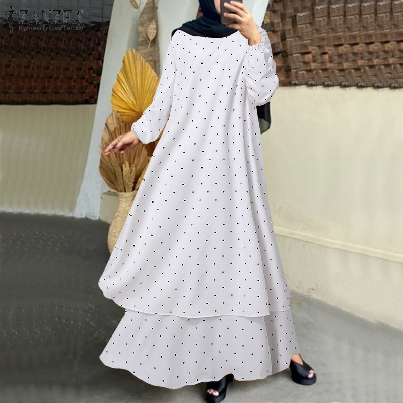 ZANZEA Women Elegant Polka Dot Long Sleeve O-neck Ruffle Muslim Maxi Dress