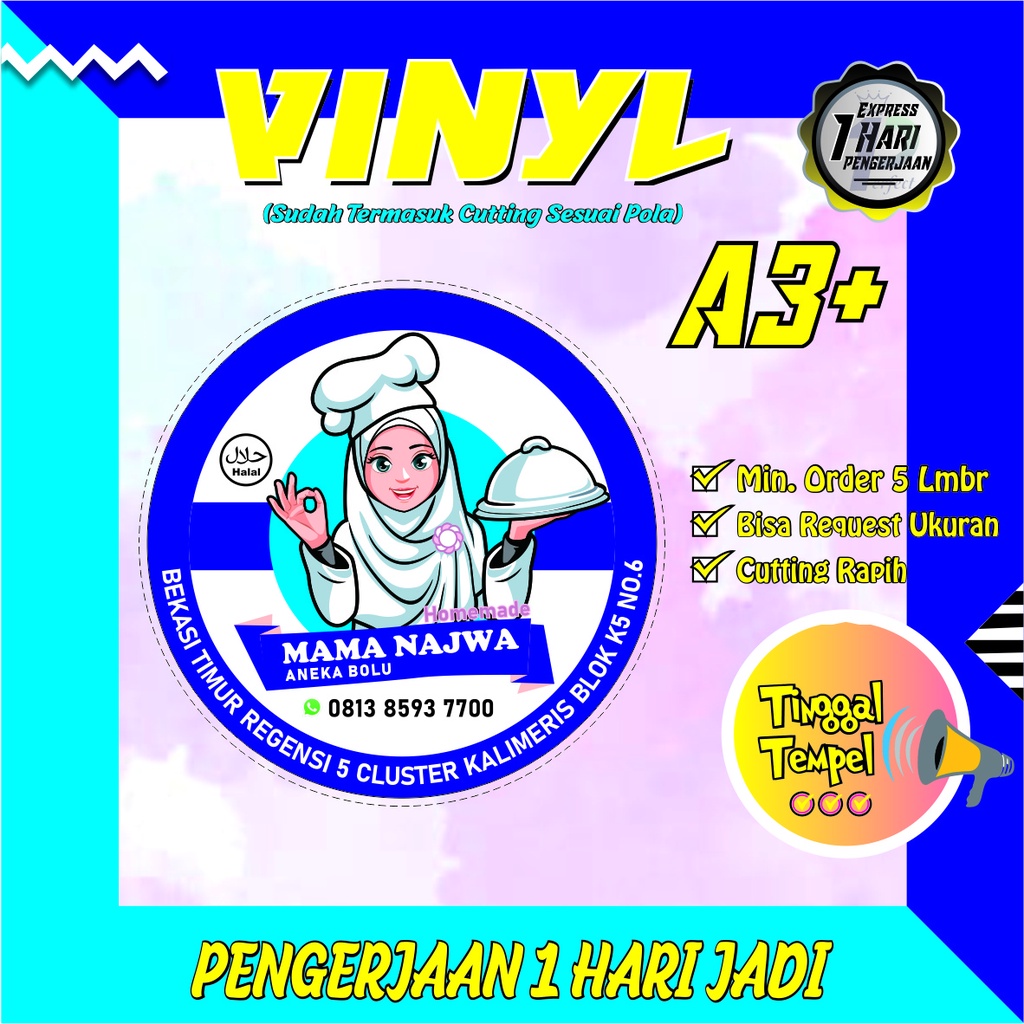 

CETAK STIKER VINYL A3+ / STIKER LABEL PRODUK MAKANAN / STIKER TAHAN AIR WATERPROOF / [ANTI AIR]