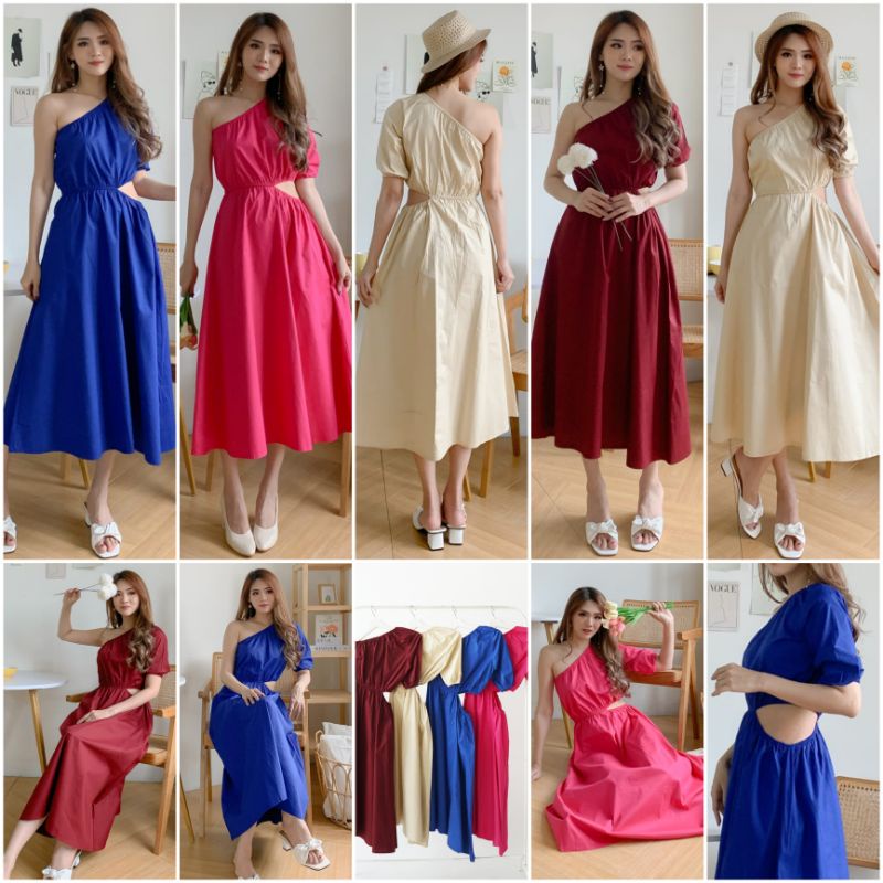 ❣️ SPECIAL PRICE ♡ PREMIUM ♡ ORIGINAL ! ANGIE VINTAGE PLAIN ONE SHOULDER SIDE LESS MIDI PARTY DRESS