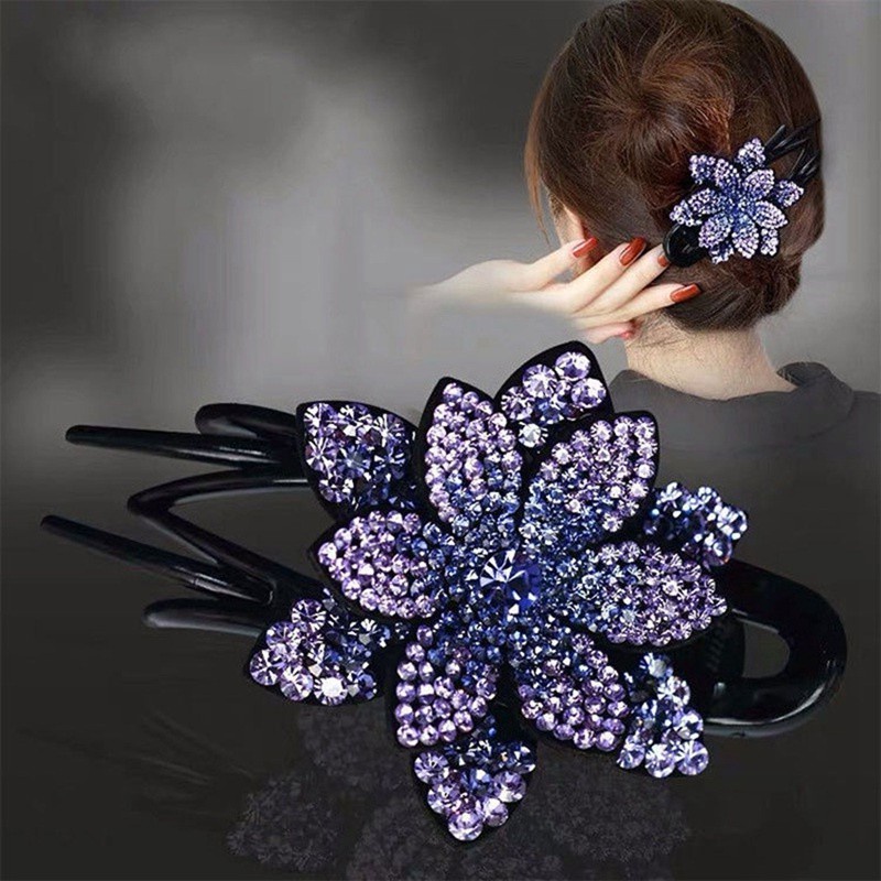 Rhinestone Double Flower Hair Clip Flexible Durable Women Dovetail Hair Clip