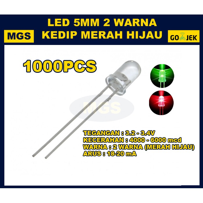 1000Pcs LED 5mm 2 Warna Merah - Hijau